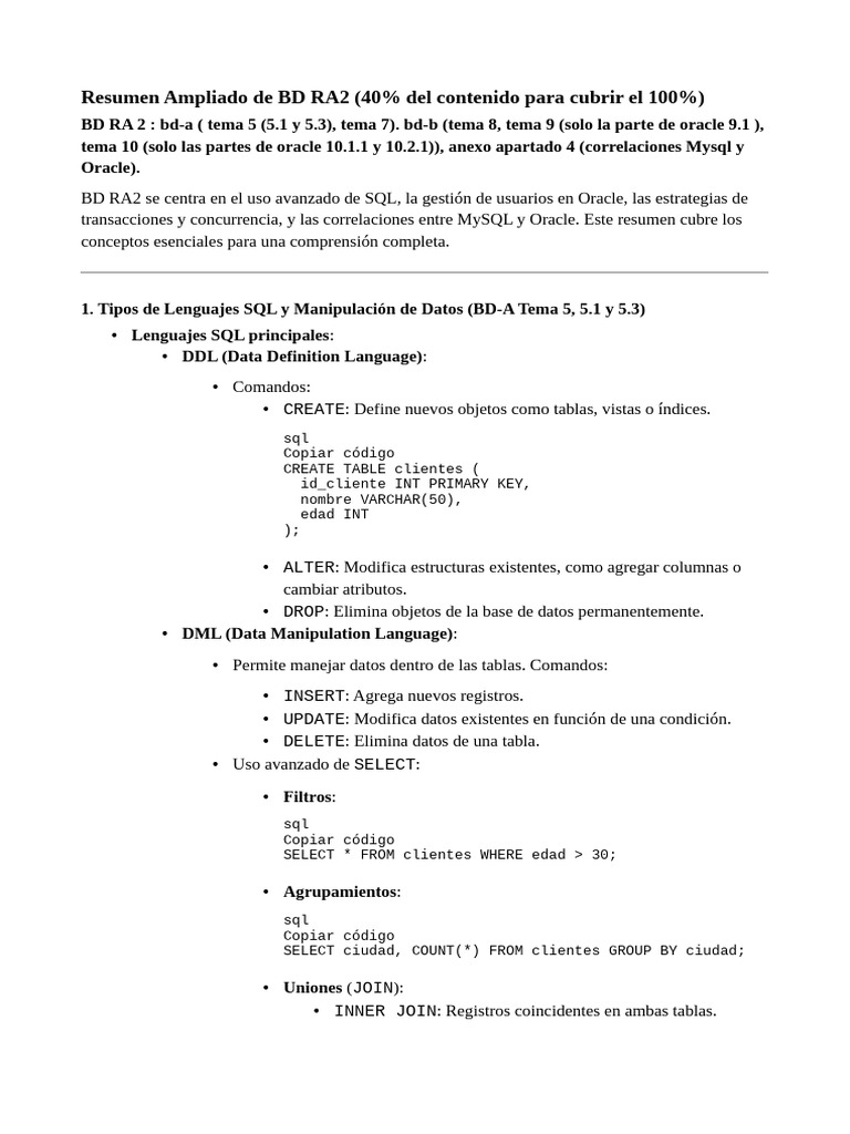 Resumen Avanzado de SQL y Oracle | PDF | SQL | Mi sql