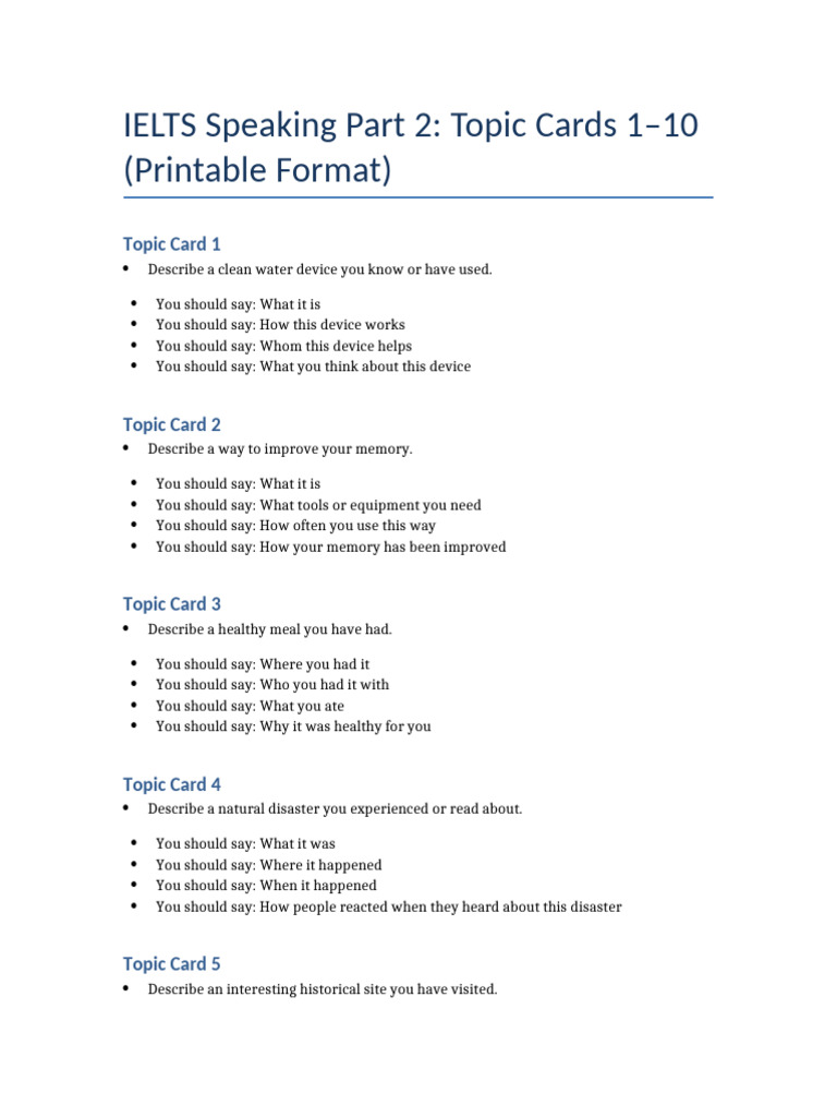 IELTS Speaking Part 2: Topic Cards 1-10 | PDF