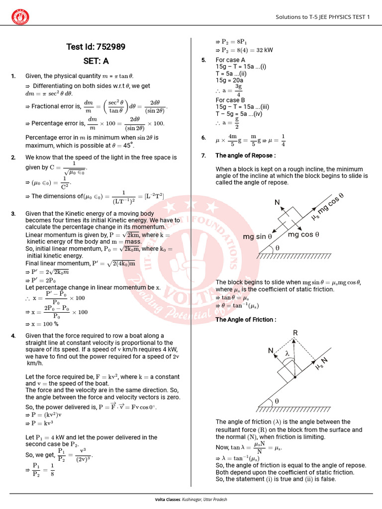 T 5 Jee Physics Test 1-A-Solution-1750688693 | PDF | Force | Friction