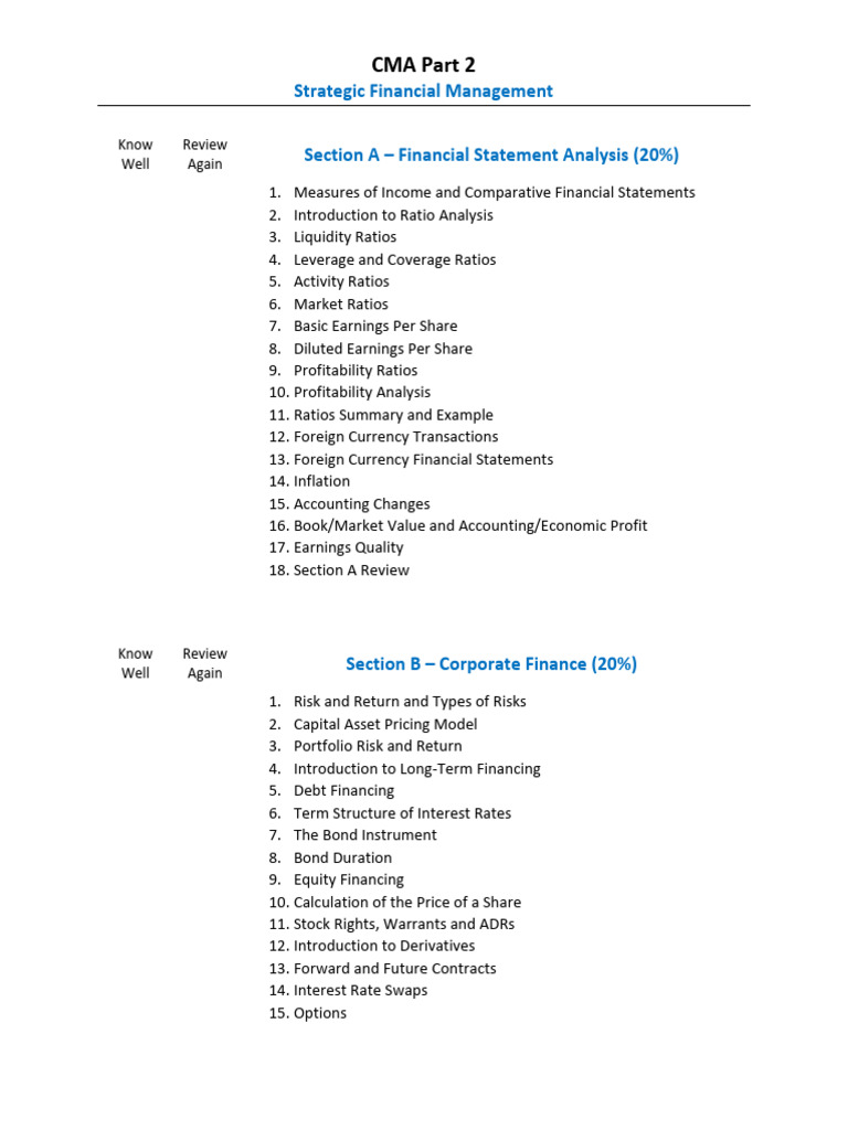 CMA Part 2 Financial Management Checklist | PDF | Cost Of Capital ...