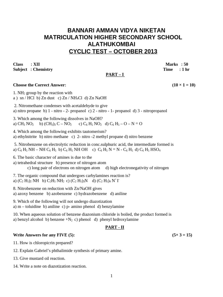 Chemistry Cyclic Test XII - October 2013 | PDF | Amine | Molecules