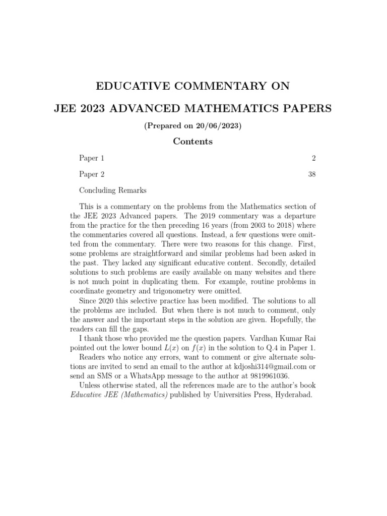 JEE 2023 Advanced Mathematics Commentary | PDF | Recurrence Relation ...