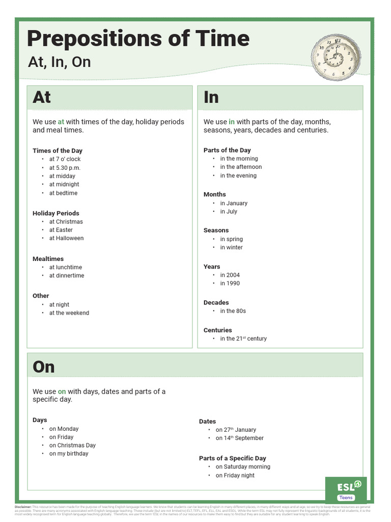 Prepositions of Time Explained | PDF | English As A Second Or Foreign ...