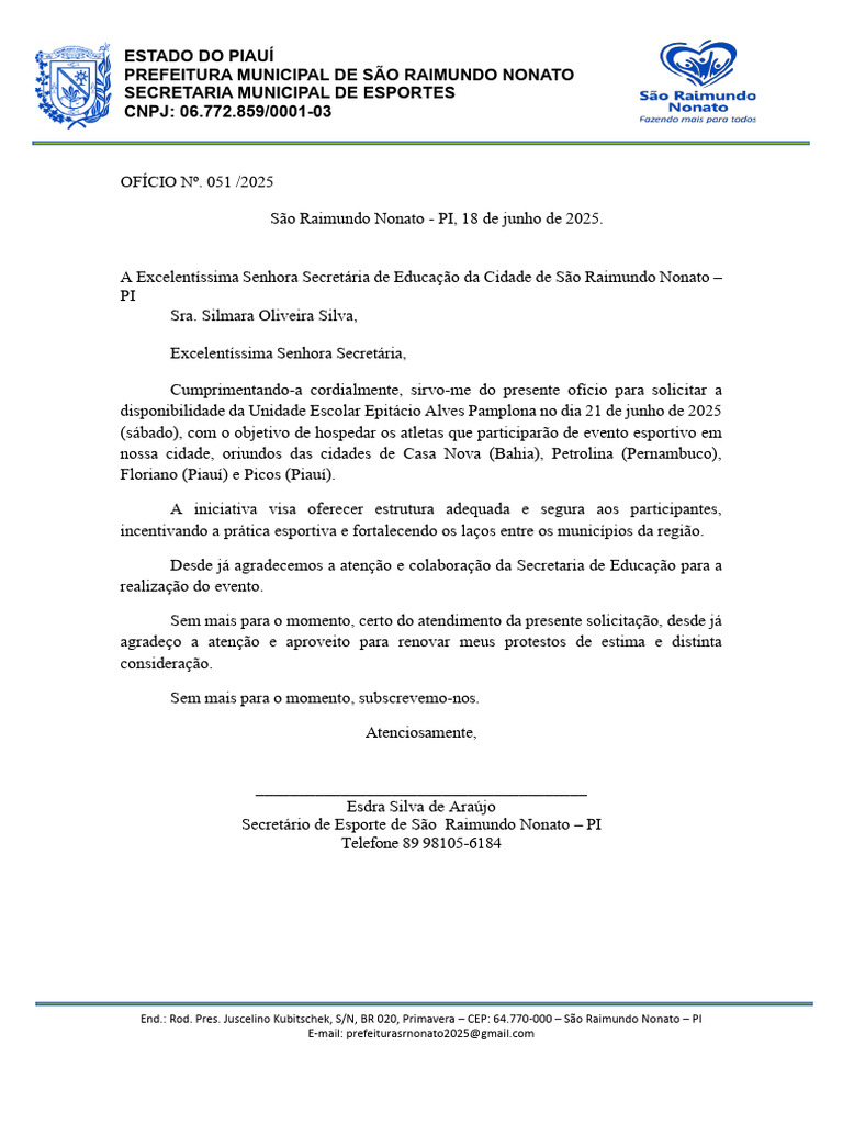 OFICIO 051 - Secretaria de Educação (Escola) - SEMESP | PDF