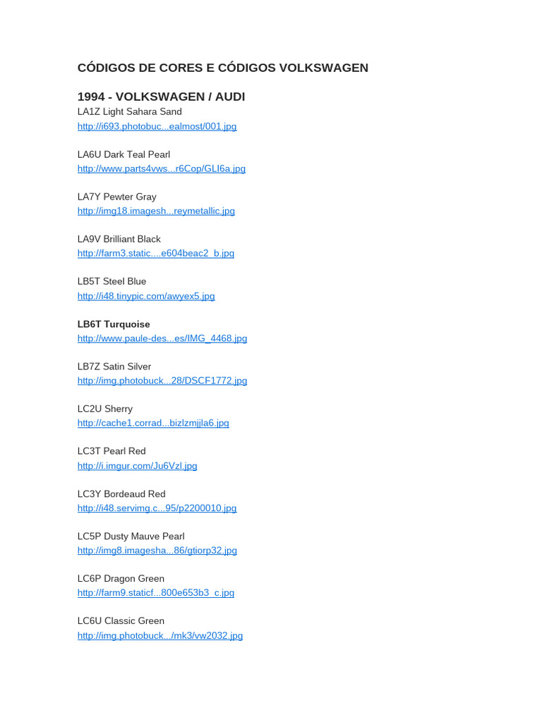 Códigos de Cores e Códigos Volkswagen PDF Color Rainbow
