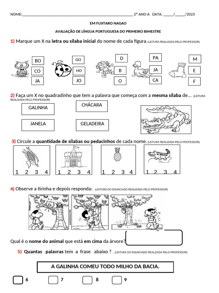 Avaliação de Língua Portuguesa 2º Ano | PDF