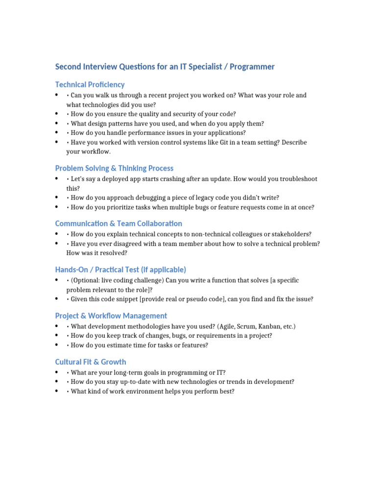 Second Interview Questions IT Specialist | PDF