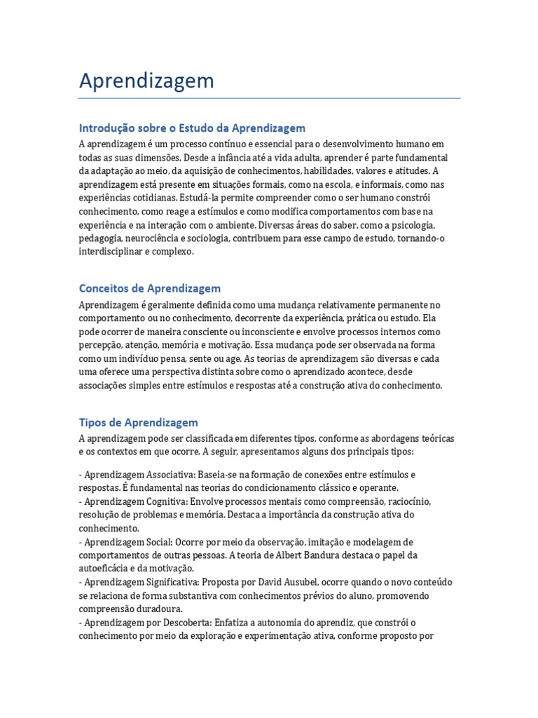 Tipos e Teorias da Aprendizagem | PDF | Aprendizado | Comportamento