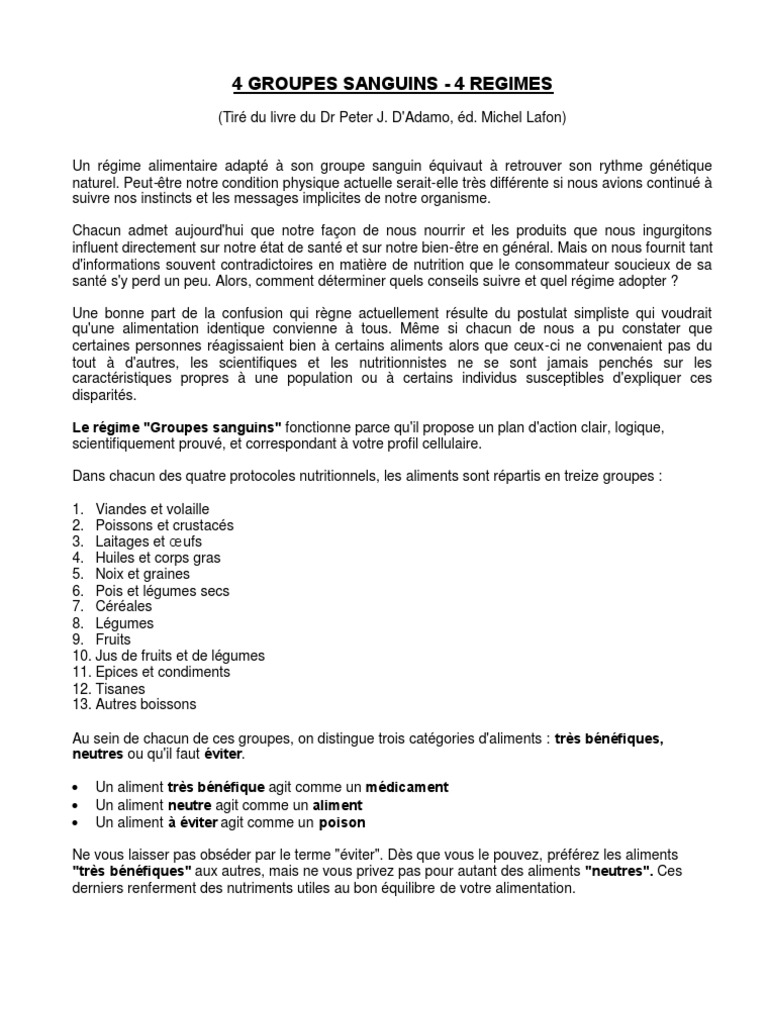 4 Regimes 4 GroupesSanguins PDF Légumes Nutriments — free download