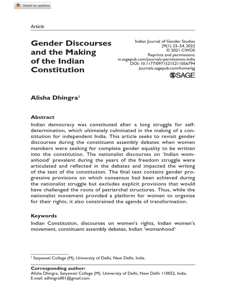 Gender Discourse in Indian Constitution | PDF | Egalitarianism | Gender