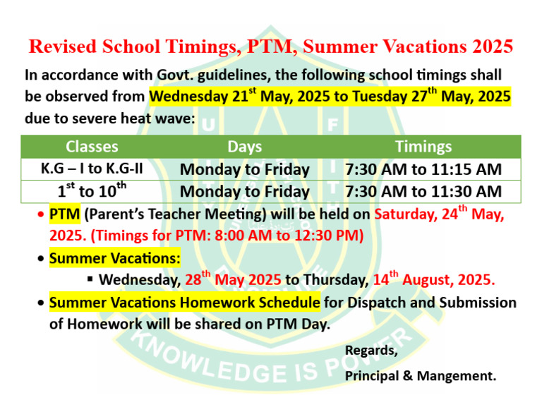 Revised School Schedule for Summer 2025 | PDF