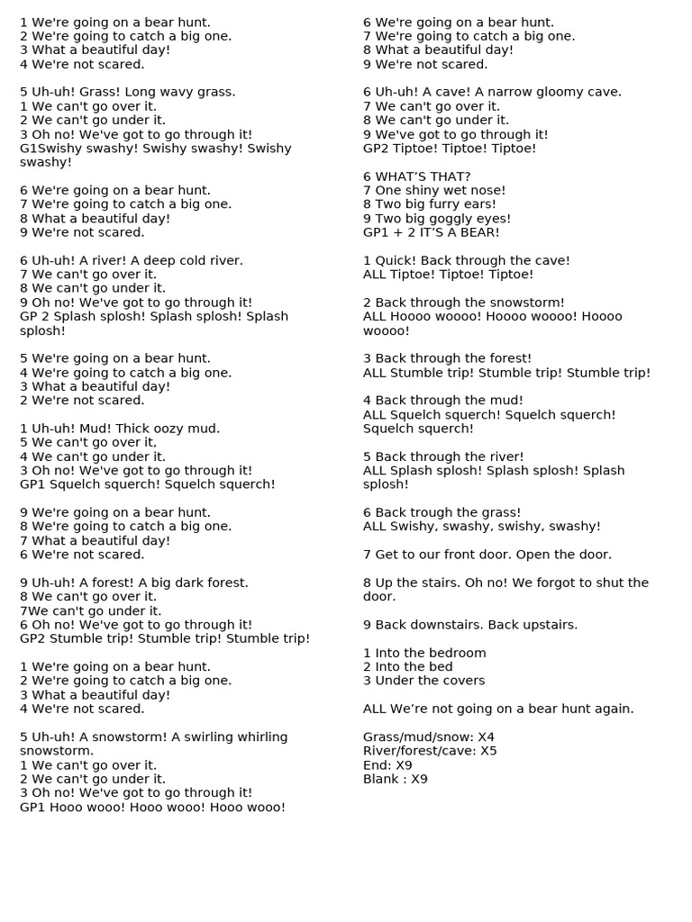 Bear Hunt Teacher Script | PDF | Radio Wave | Sound Production Technology