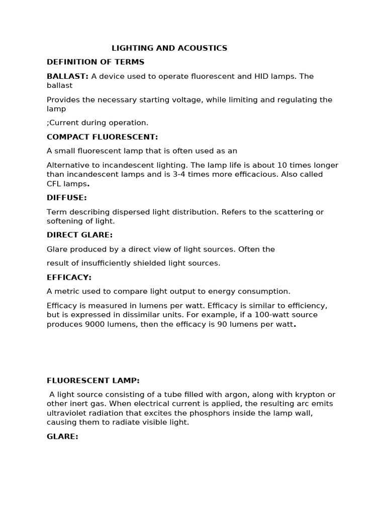 Lighting and Acoustics: Key Terms Explained | PDF | Fluorescent Lamp ...