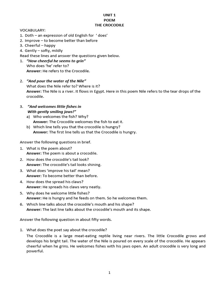 Class 6 English Unit 1 Poem and Supp Class Work Notes | PDF | Crocodile
