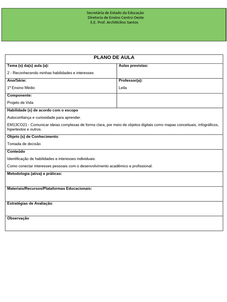 Plano de Aula: Projeto de Vida 1º EM | PDF | Lição | Aprendizado