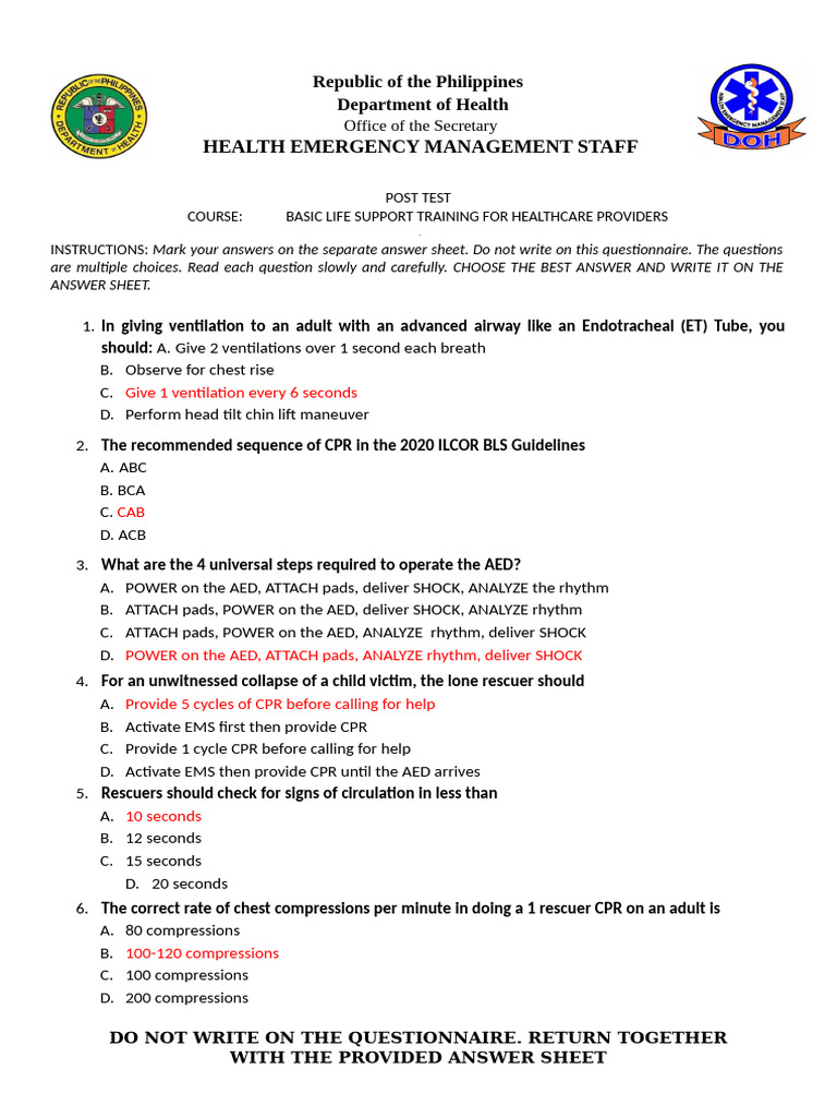BLS Post Test for Healthcare Providers | PDF | Cardiopulmonary ...
