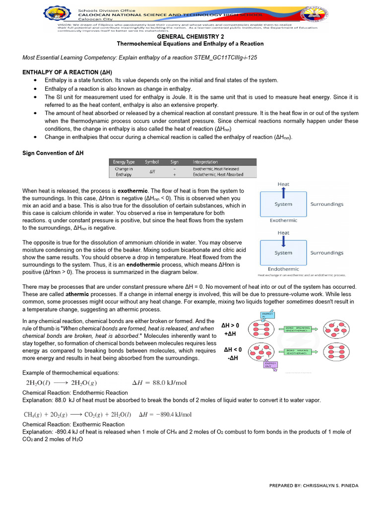 Q4W2 Handout GC2 Thermochemical Equations and Enthalpy of A Reaction ...