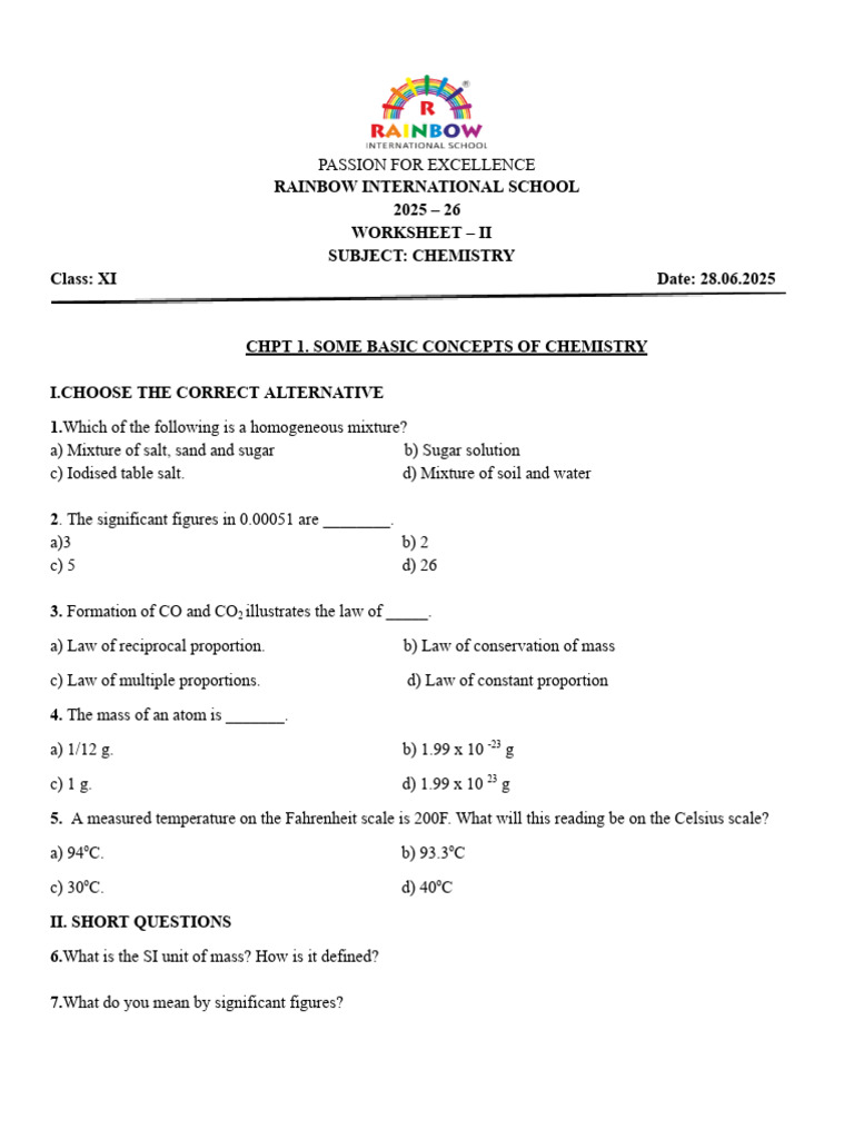 Grade Xi Chemistry Worksheet Ii Pdf Mole Unit Concentration