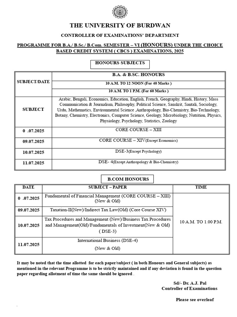 Burdwan University Exam Schedule 2025 | PDF | Science | Liberal Arts ...