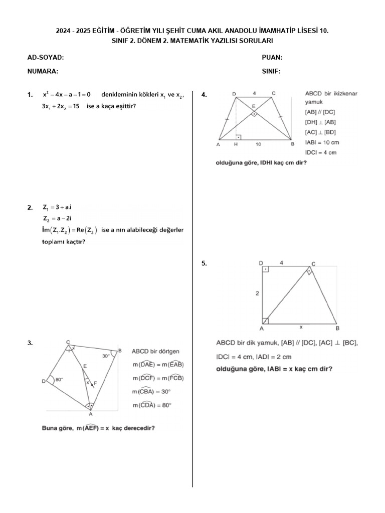 2 Donem 2 Matematik Yazilisi Mat 10 | PDF