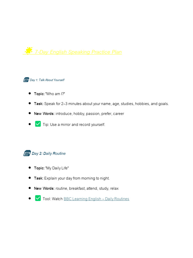 7-Day English Speaking Practice Guide | PDF
