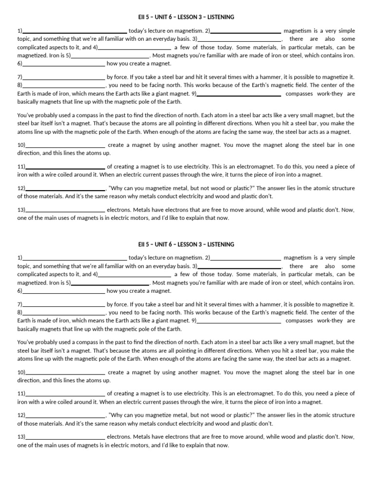 Unit 6 - Lesson 3 - Listening - Magnet - Worksheet | PDF | Magnet ...