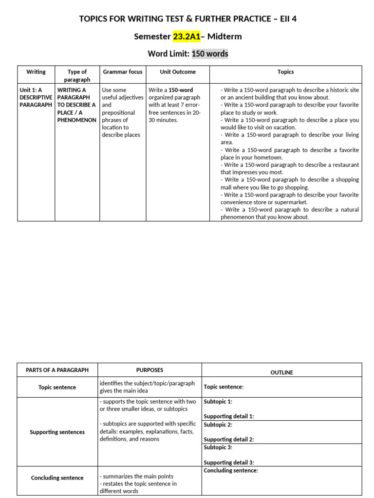 Writing Test Topics for Descriptive Paragraphs | PDF | Paragraph | Syntax