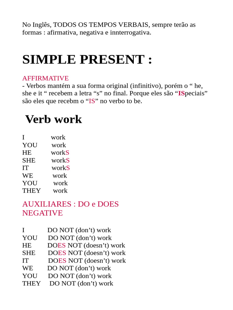 Tempos Verbais em Inglês: Simple Present | PDF