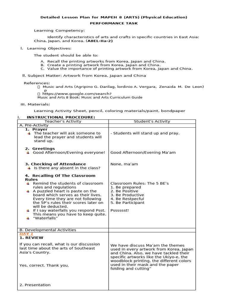 MAPEH 8 Lesson Plan: East Asian Arts | PDF | Lesson Plan