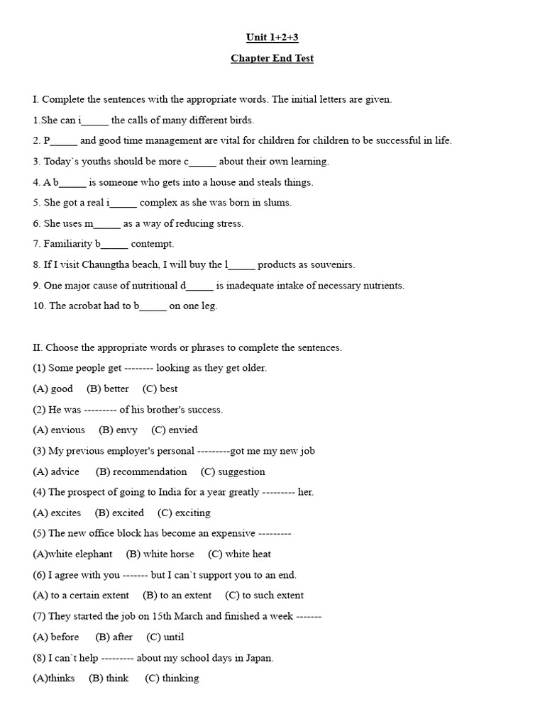 Chapter End Test for Units 1-3 | PDF | Love