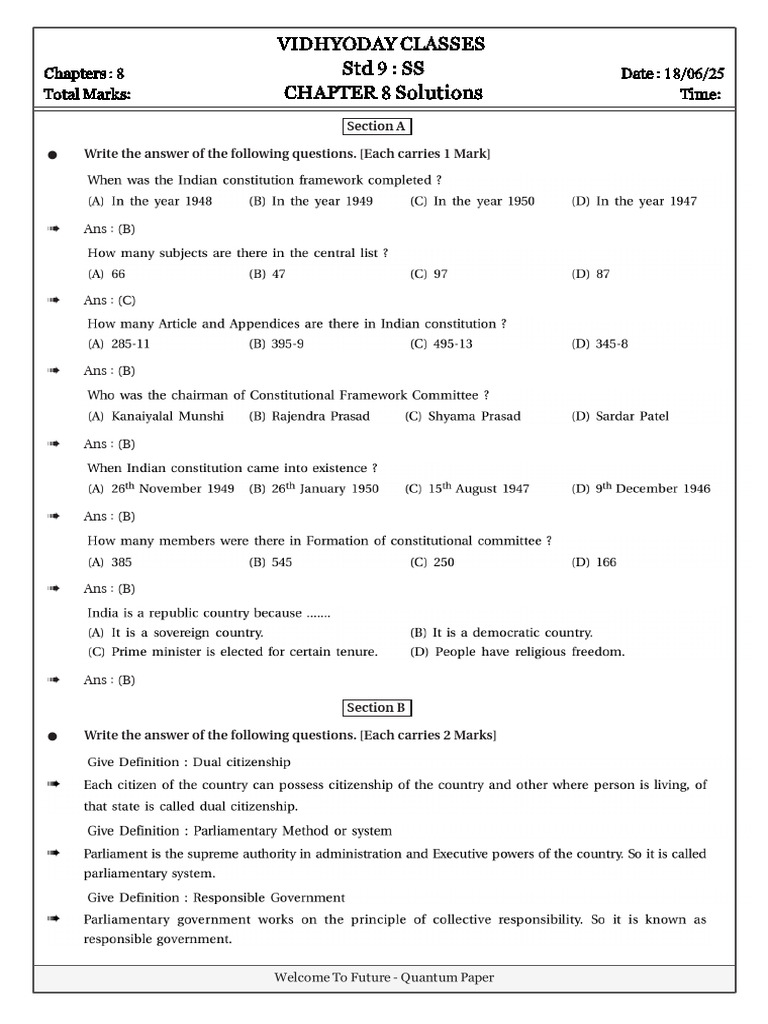 Std 9 SS Chapter 8 Solutions Guide | PDF