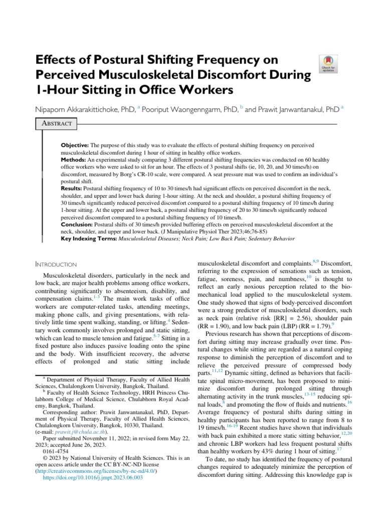 Postural Shifting Frequency and Discomfort | PDF | Pain | Back Pain