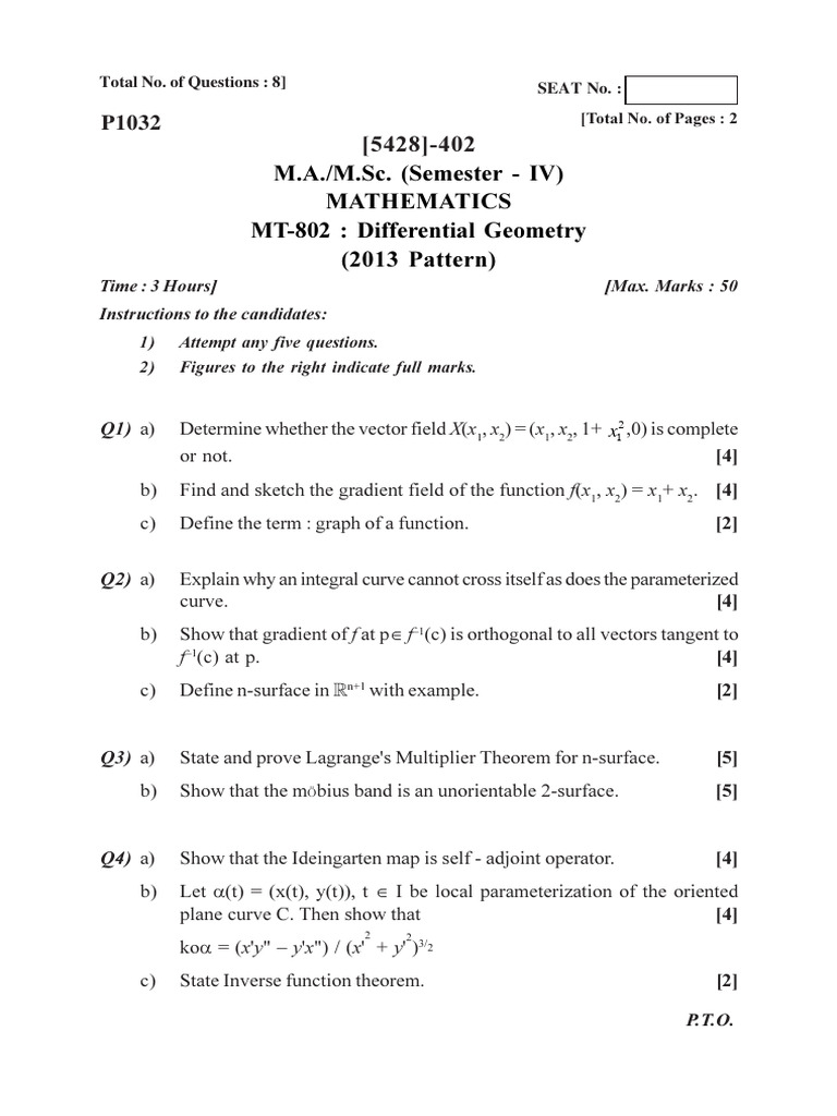 Differential Geometry Exam 2025 | PDF | Curvature | Gradient