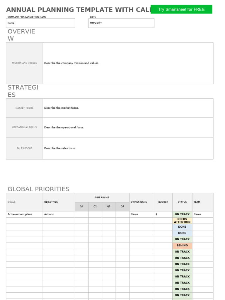 Annual Planning Template with Calendar | PDF