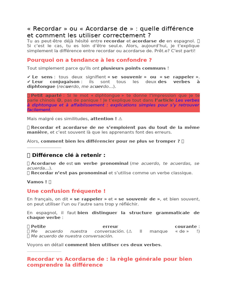 Différences entre recordar et acordarse | PDF | Verbe | Grammaire