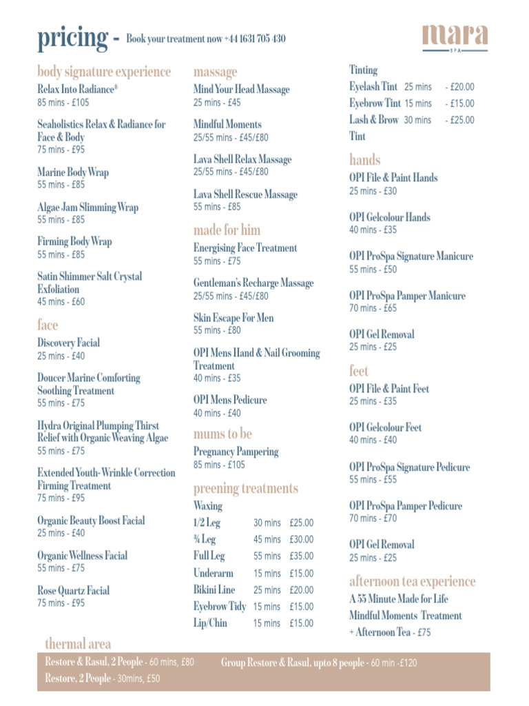 Spa Treatments and Pricing Guide | PDF | Human Hair | Hair