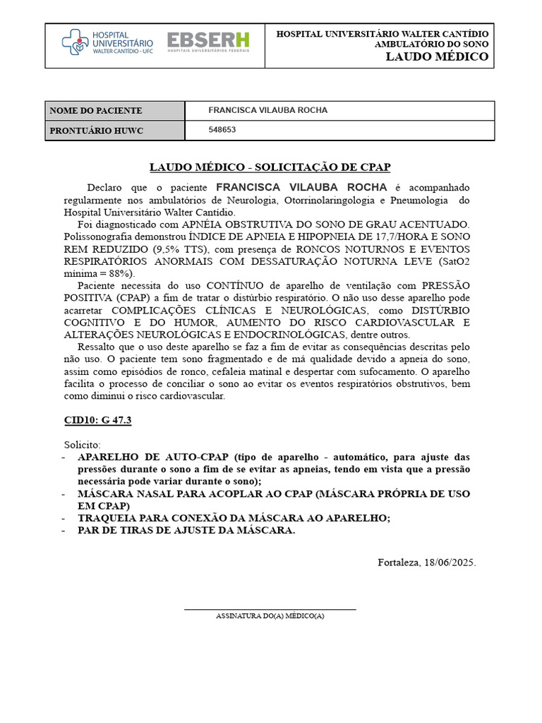 Requisição de CPAP para Apneia do Sono | PDF