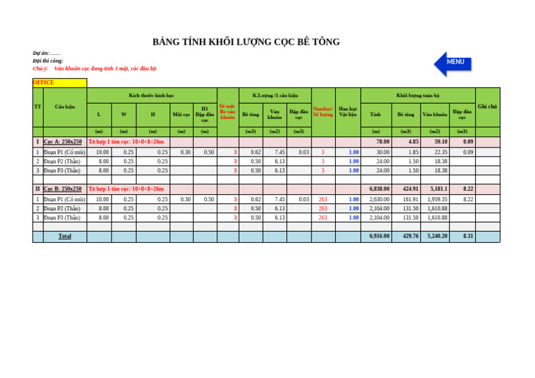Bang Excel Boc Khoi Luong Coc BTCT | PDF