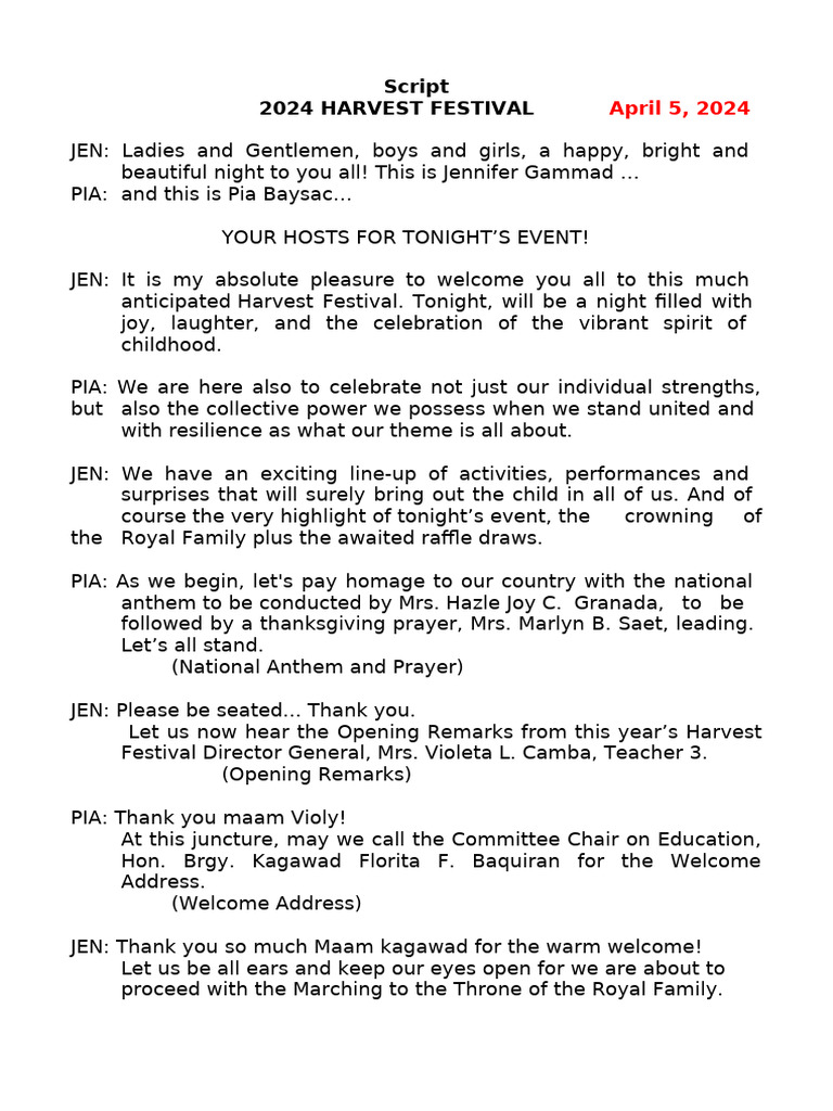 2024 Harvest Festival Script | PDF