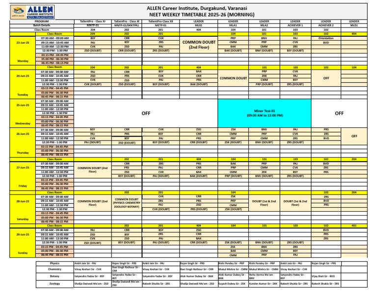 NEET Time Table - Morning Batch | PDF