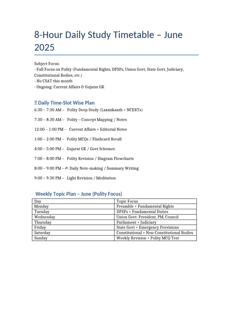 8 Hour Study Timetable June2025 Corrected | PDF