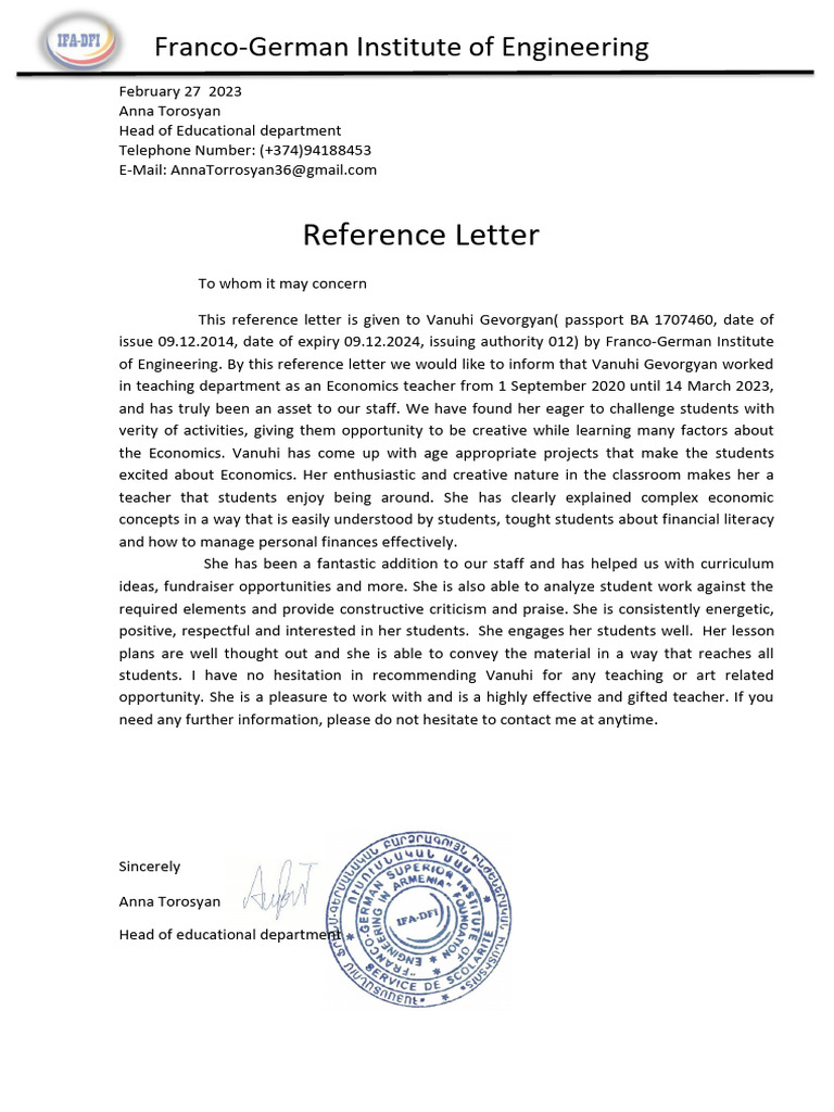 German Reference Letter for Vanuhi Gevorgyan | PDF