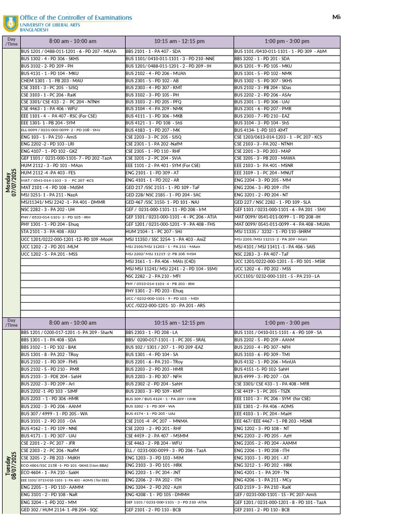 Mid-term Exam Schedule 2025 | PDF
