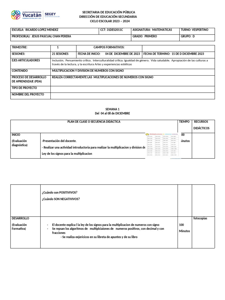 Plan de Clases de Matemáticas 2023-2024 | PDF | División (Matemáticas)