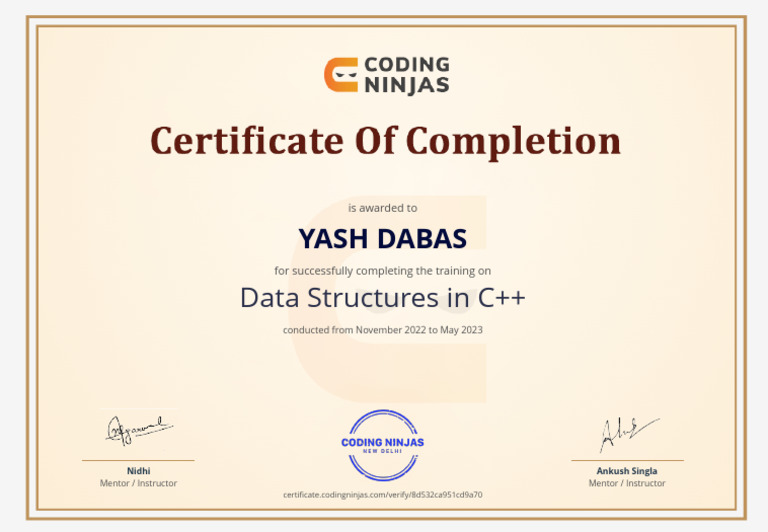 Data Structures in C++ Completion Certificate | PDF