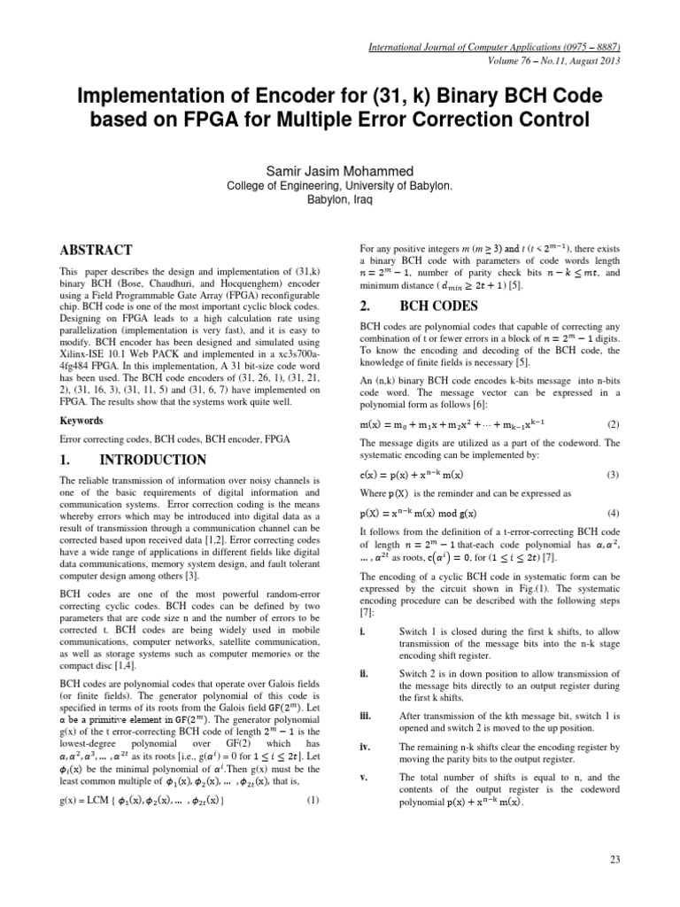 FPGA-Based (31,k) BCH Encoder Design | PDF | Computing | Arithmetic