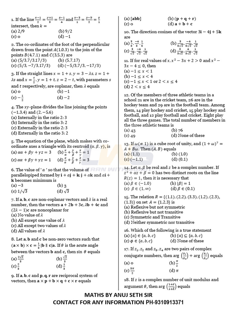 Maths Mock Test-5: Maths by Anuj Seth Sir Contact For Any Information ...