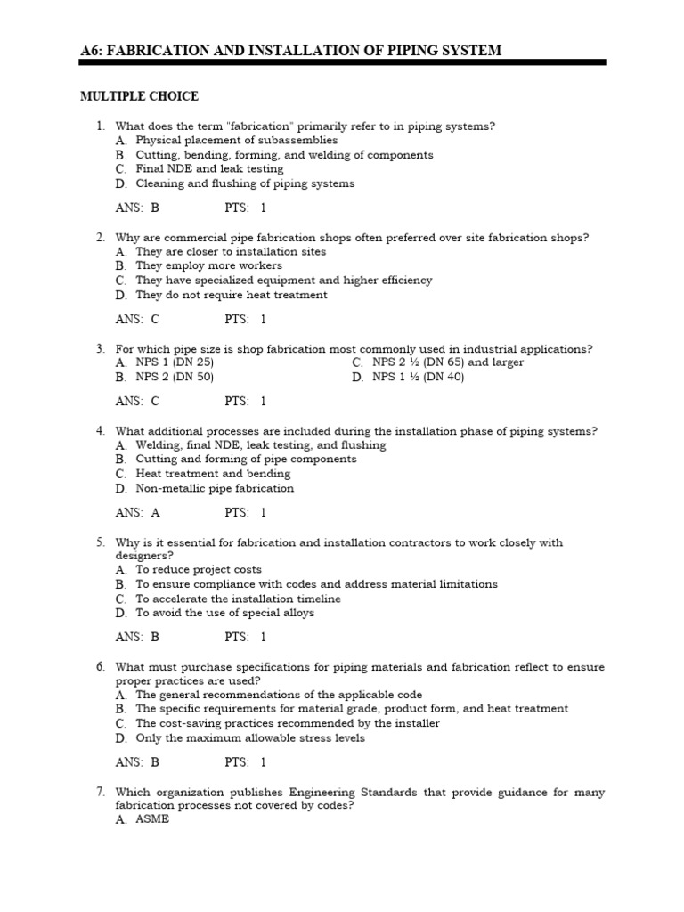 Piping System Fabrication Quiz | PDF | Welding | Construction