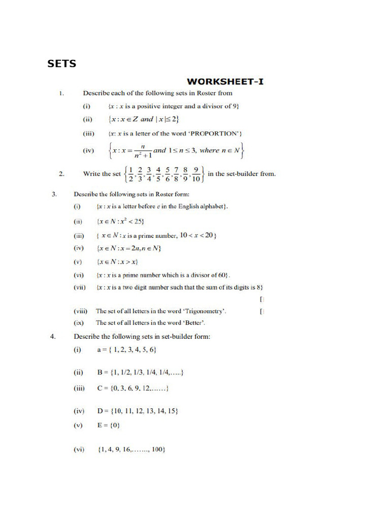 Sets Worksheet 11th | PDF