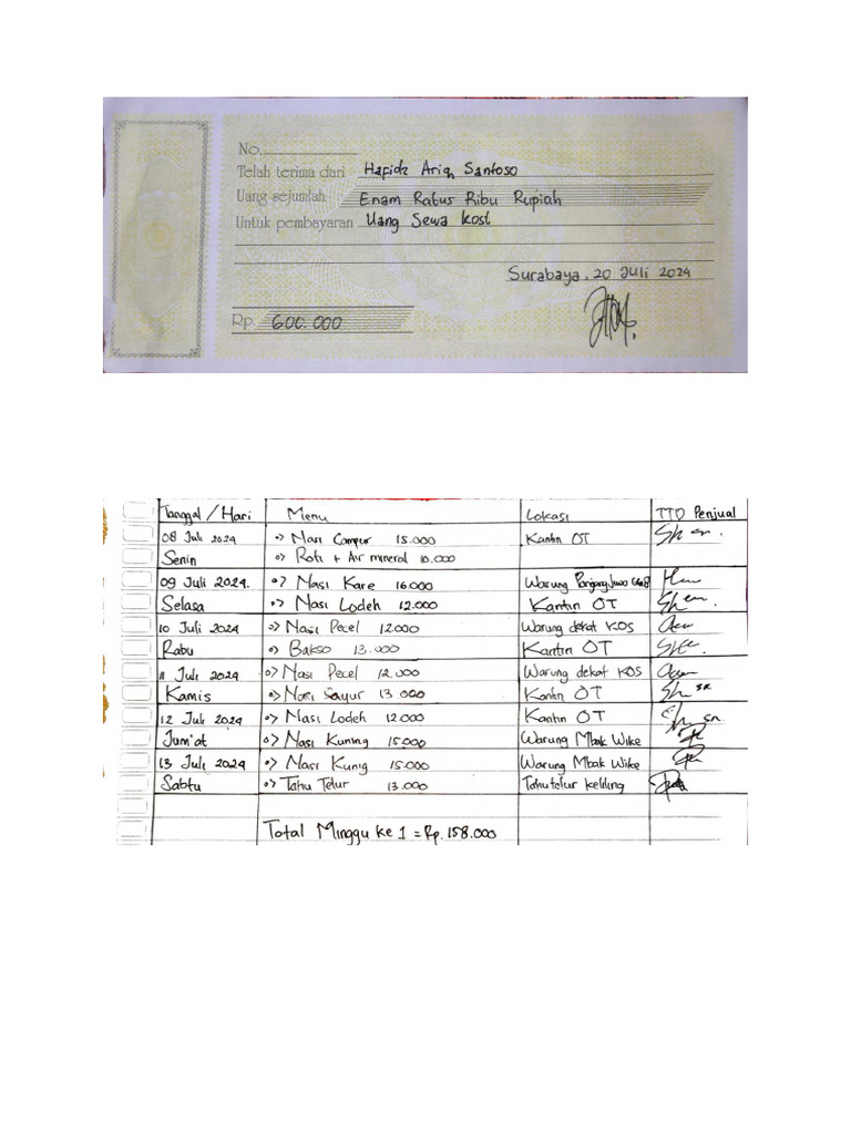 Kwintansi Kos & Nota Makan Hafidz Ariq Santoso | PDF